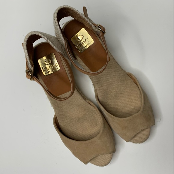 KANNA Espadrille Wedge Sandals Peep Toe Tan Suede Ankle Strap Shoes Size 8.5 - Picture 2 of 9